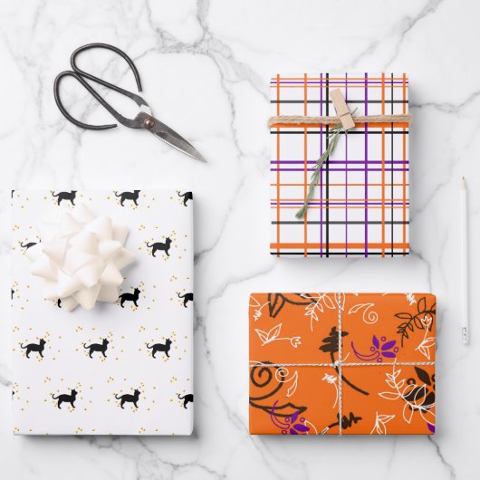 Feuille De Papier Cadeau Chats d'Halloween, Plaids et Fleurs (Recto)
