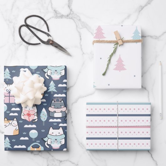 Feuille De Papier Cadeau Chats d'hiver Fun Pastel vacances Noël (Recto)