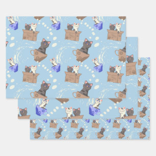 Feuille De Papier Cadeau Chats en boîte et gouttes de lait sur bleu