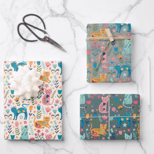 Feuille De Papier Cadeau Chats et fleurs (Recto)