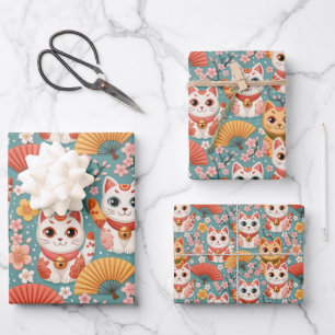 Feuille De Papier Cadeau Chats japonais kawaii avec anniversaire de cerisie