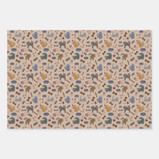 Feuille De Papier Cadeau Chats joués avec soin sur Arrière - plan Brown (Devant 3)