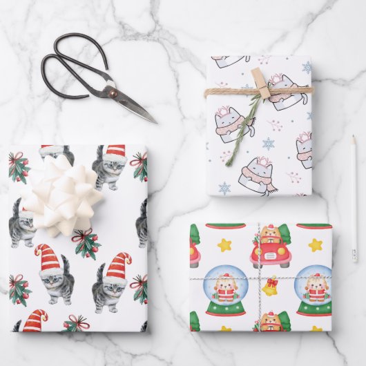 Feuille De Papier Cadeau chats mignons avec chapeau santa meowmas noël (Recto)