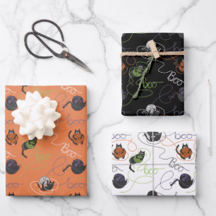 Feuille De Papier Cadeau Chats noirs et Halloween en fer à la carreaux
