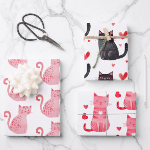 Feuille De Papier Cadeau Chats noirs roses Coeurs Anniversaire