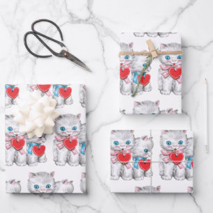 Feuille De Papier Cadeau Chats rétro de la Saint-Valentin, chaton mignon vi