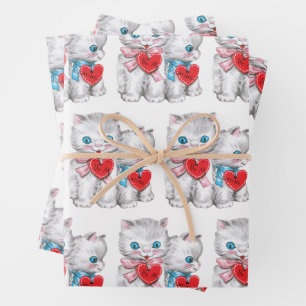 Feuille De Papier Cadeau Chats rétro de la Saint-Valentin, chatons vintage