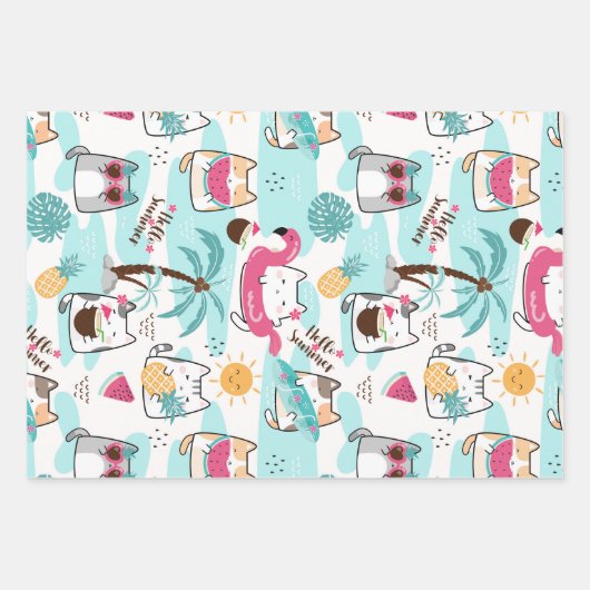 Feuille De Papier Cadeau Chats tropicaux d'été ensemble rose pastel 3 (Devant)