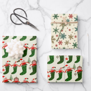Feuille De Papier Cadeau Chaussettes de Noël Trésors Rétro