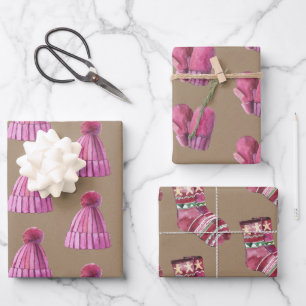 Feuille De Papier Cadeau Chaussettes et Mitts Rustiques Kraft Winter Tuque