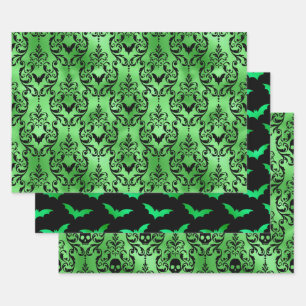 Feuille De Papier Cadeau Chauve-souris verte et crâne Motifs damassés Hallo