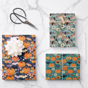 Feuille De Papier Cadeau Chauves-souris d'Halloween Citrouilles et fleurs