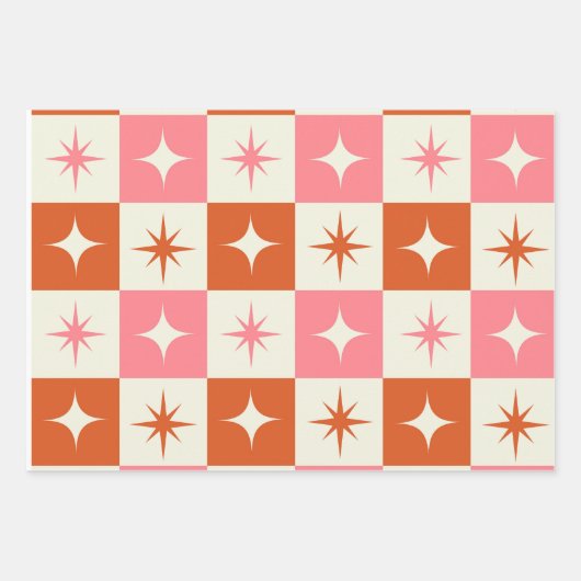 Feuille De Papier Cadeau Checkered Mid Century Atomic Stars Pink Orange  (Devant)