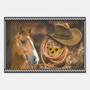Feuille De Papier Cadeau Cheval Cowboy Casquette Lasso Western Motif 
