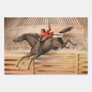 Feuille De Papier Cadeau Cheval de cirque et daredevil survolant une clôtu