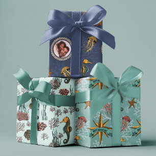 Feuille De Papier Cadeau Cheval de mer, Estarfish, Jellyfish & Coral Nautiq