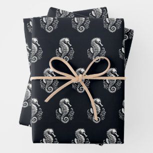 Feuille De Papier Cadeau Cheval de mer noir et blanc