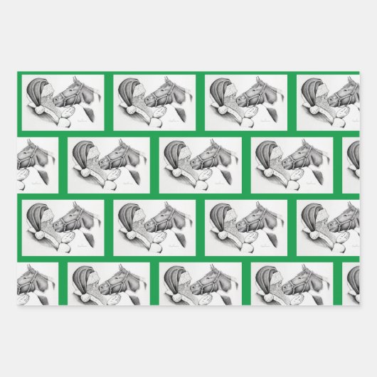 Feuille De Papier Cadeau Cheval de Noël et Père Noël (Devant)