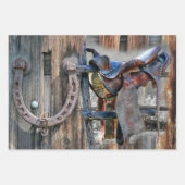 Feuille De Papier Cadeau Cheval Saddle Horseshoe Rustique Western (Devant 3)