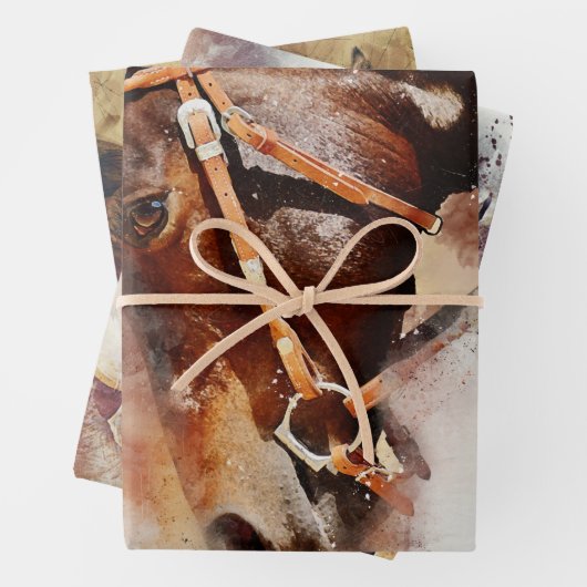 Feuille De Papier Cadeau Cheval Western Découpage Aquarelle Art (En situation)