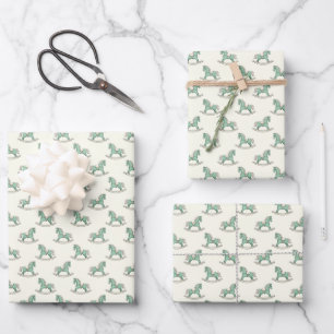 Feuille De Papier Cadeau Chevaux à bascule à l'ancienne verts pour Baby Sho