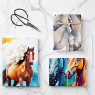 Feuille De Papier Cadeau Chevaux d'aquarelle en champ ouvert