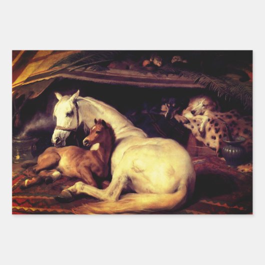 FEUILLE DE PAPIER CADEAU CHEVAUX PEINTURES D'ART FIN, CHAUSSURES PARCHEMENT (Devant 3)