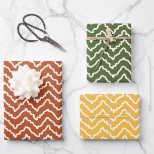Feuille De Papier Cadeau Chevron Blanc Ondulé Sur Jaune Vert Terracotta