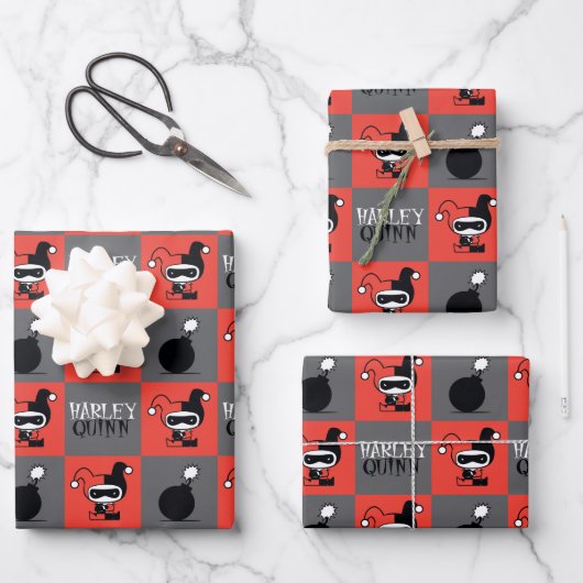 Feuille De Papier Cadeau Chibi Harley Quinn Checker Motif (Recto)