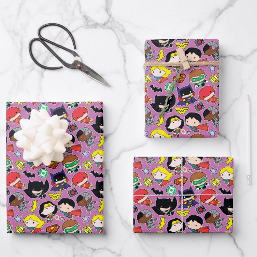 Feuille De Papier Cadeau Chibi Justice League Pattern on Purple (Recto)