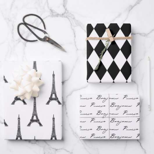 Feuille De Papier Cadeau Chic Black and White Bonjour (Recto)