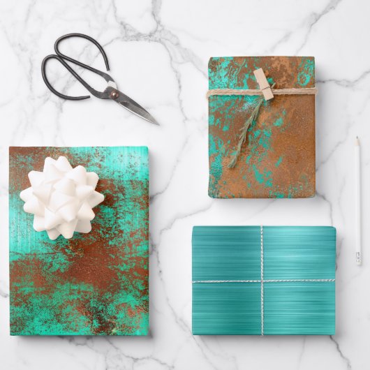 Feuille De Papier Cadeau Chic Boho en cuivre Turquoise (Recto)