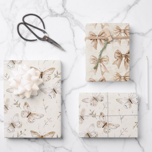 Feuille De Papier Cadeau Chic Crème Papillons Anniversaire (Recto)