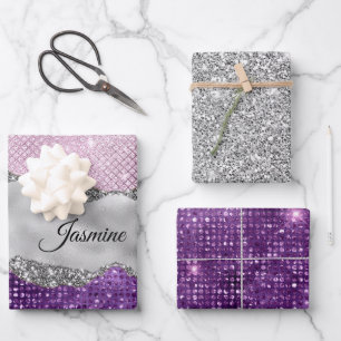 Feuille De Papier Cadeau Chic girly parties scintillant argent violet monog