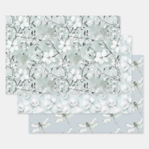 Feuille De Papier Cadeau Chic Grey Fleurs Blanches Libellules Enterrement d