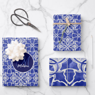 Feuille De Papier Cadeau Chic gris bleu Monogramme Initiales Nom de famille