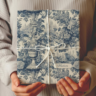Feuille De Papier Cadeau Chic Monogramme Floral Toile Bleue Vintage