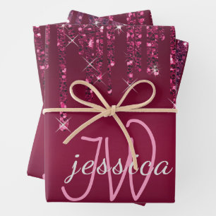 Feuille De Papier Cadeau Chic Monogramme Girly Hot Rose Parties scintillant