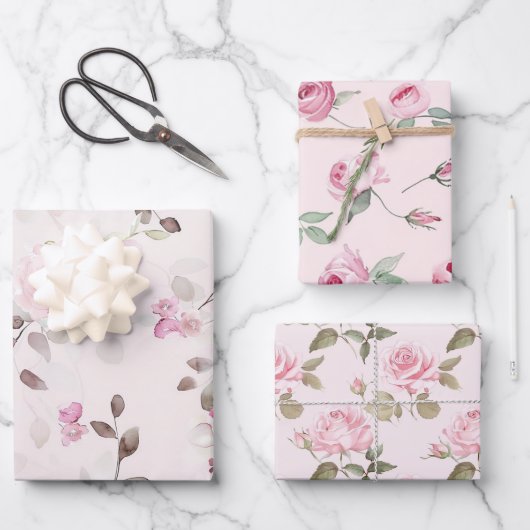 Feuille De Papier Cadeau Chic Romantique Roses Fleurs Roses (Recto)