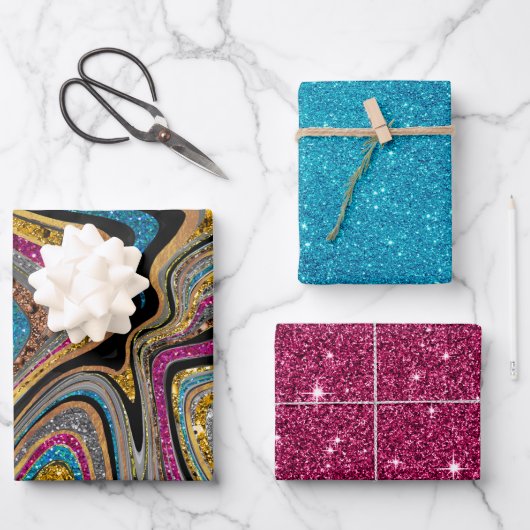 Feuille De Papier Cadeau Chic Sparkle Parties scintillant marbre art bleu r (Recto)