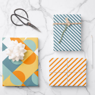 Feuille De Papier Cadeau Chic Sunny Orange Turquoise Cercles Bleus Motif d'