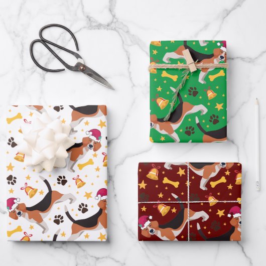 Feuille De Papier Cadeau Chien beagle avec chapeau de Noël (Recto)