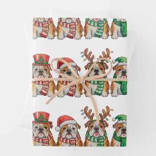 Feuille De Papier Cadeau Chien Bouledogue Anglais Noël Chapeau de Père Noël