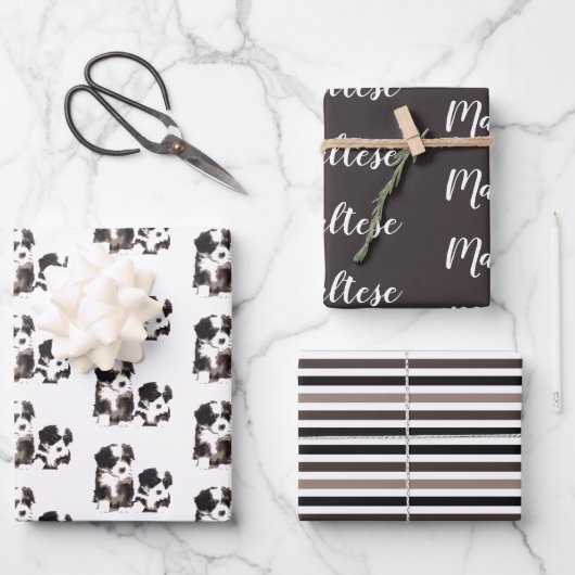 Feuille De Papier Cadeau Chien chiot maltais noir et blanc (Recto)