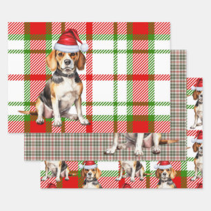 Feuille De Papier Cadeau Chien de Noël beagle Rouge Vacances Plaid