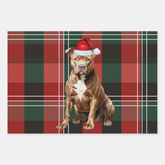 Feuille De Papier Cadeau Chien de Noël Brown Pit Red Green Plaid (Devant)