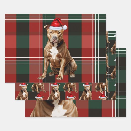 Feuille De Papier Cadeau Chien de Noël Brown Pit Red Green Plaid (Lot)