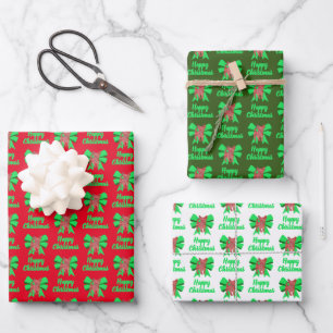 Feuille De Papier Cadeau Chien de Noël Chihuahua & Nœud Vert 3 Coloris