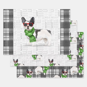 Feuille De Papier Cadeau Chien de Noël de Boston Terrier et Plaid