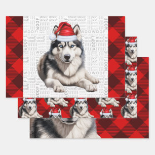 Feuille De Papier Cadeau Chien de Noël Sibérien Husky Red Buffalo Plaid